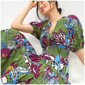 Anthropologie Conditions Apply Puff-Sleeved Floral Midi Dress Size 12